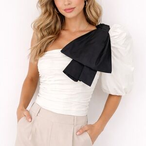 Zara One-Shoulder Ruched Top with Black Bow and Puff Sleeve - Ivory